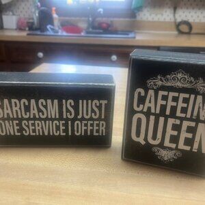 NEW 2 Small Funny Wooden Box Statement Signs for Desk, Wall or Table